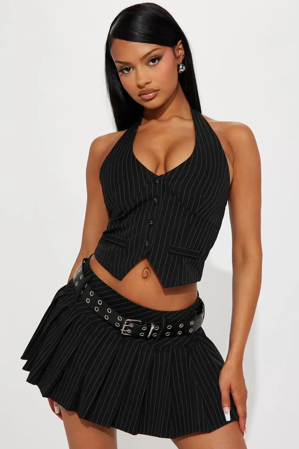 Turning Heads Pinstripe Skirt Set - Black/White