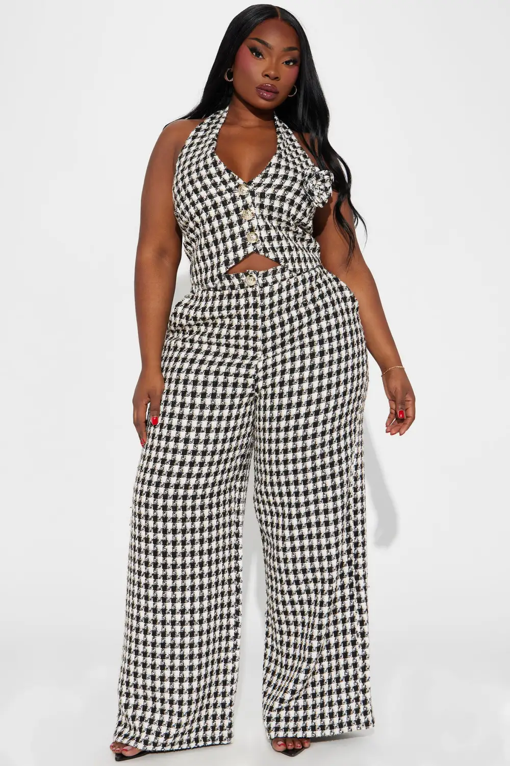 Naya Tweed Vest Pant Set - Black/White