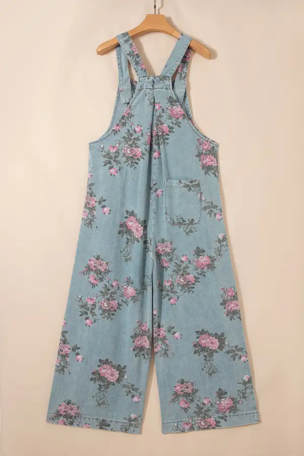 Modern Floral Print Pleated High Waist Wide Leg Denim Jumpsuit