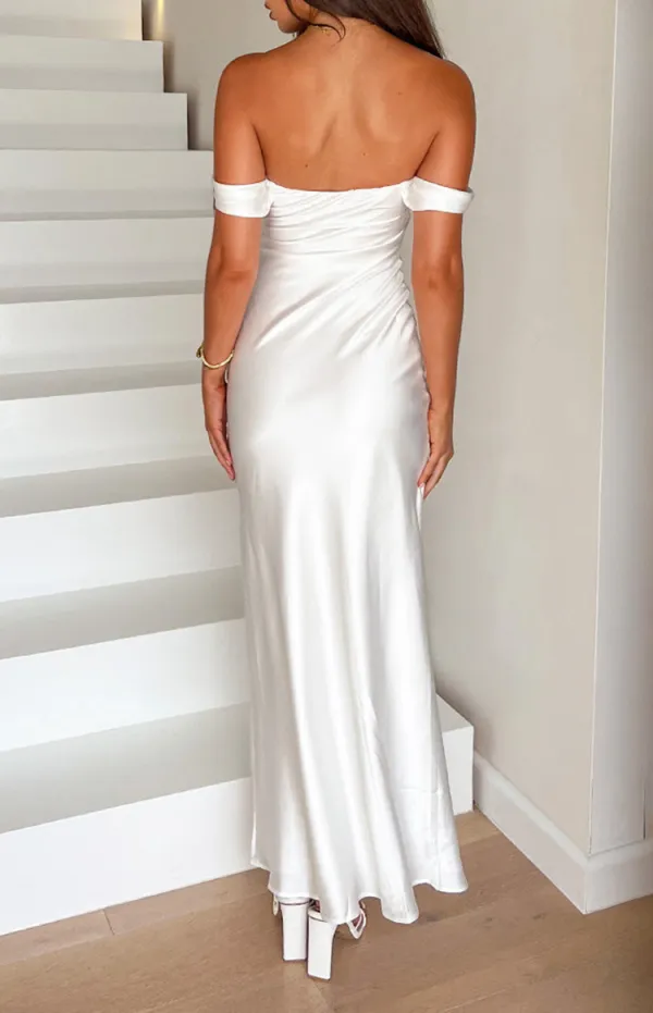 Off Shoulder White Satin Evening Gown Formal Dresses