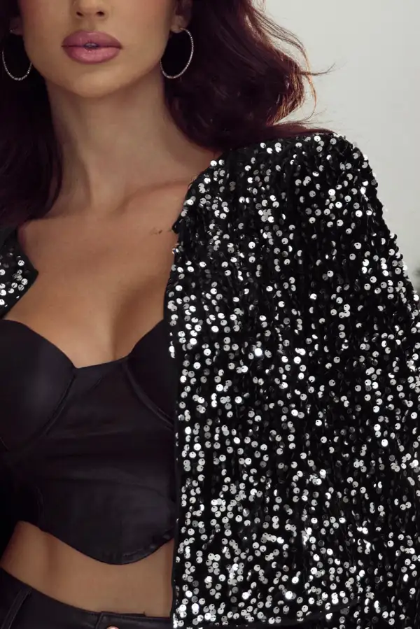 Sequin Open-front Long-sleeve Jacket