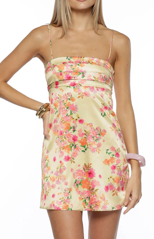 Ruched Floral Satin Bloom Mini Dress