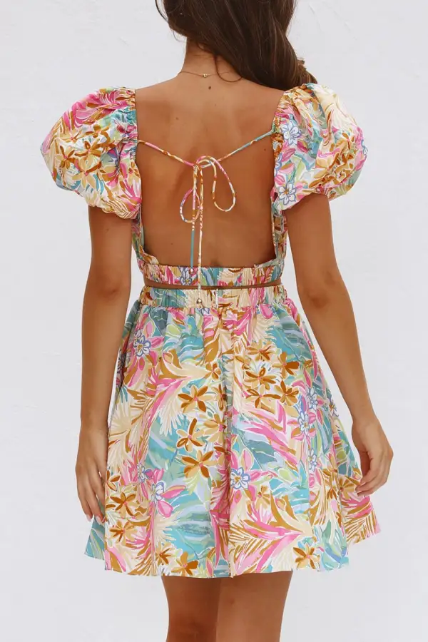 Backless Floral Short Sleeve Mini Boho Dress - Spirit and Rebel