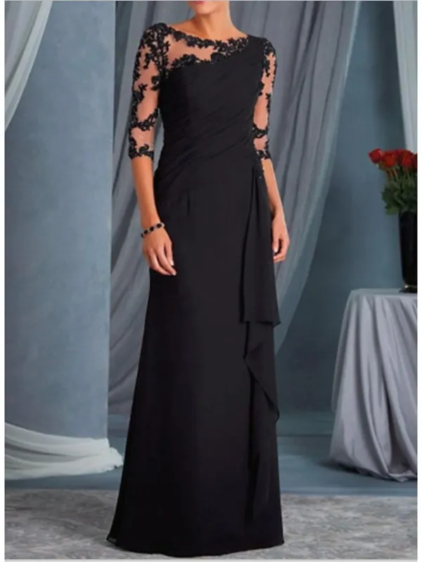 A-Line Mother of the Bride Dress Wedding Guest Plus Size Bateau Neck Floor Length Chiffon Lace Half Sleeve with Draping Appliques 2024