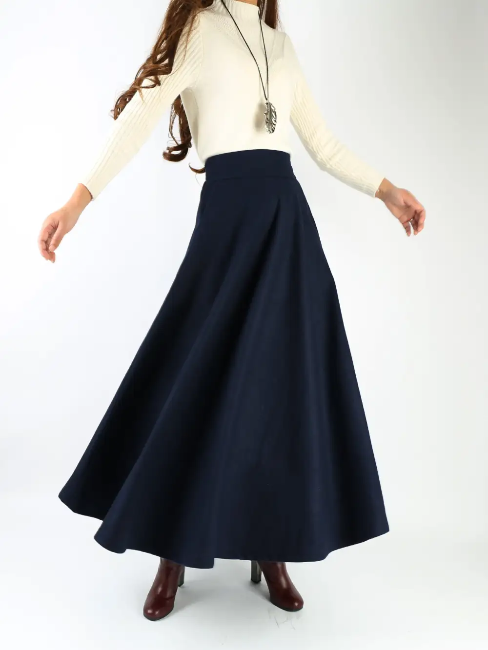 Airy Pocketed Wool Flared Maxi Skirt