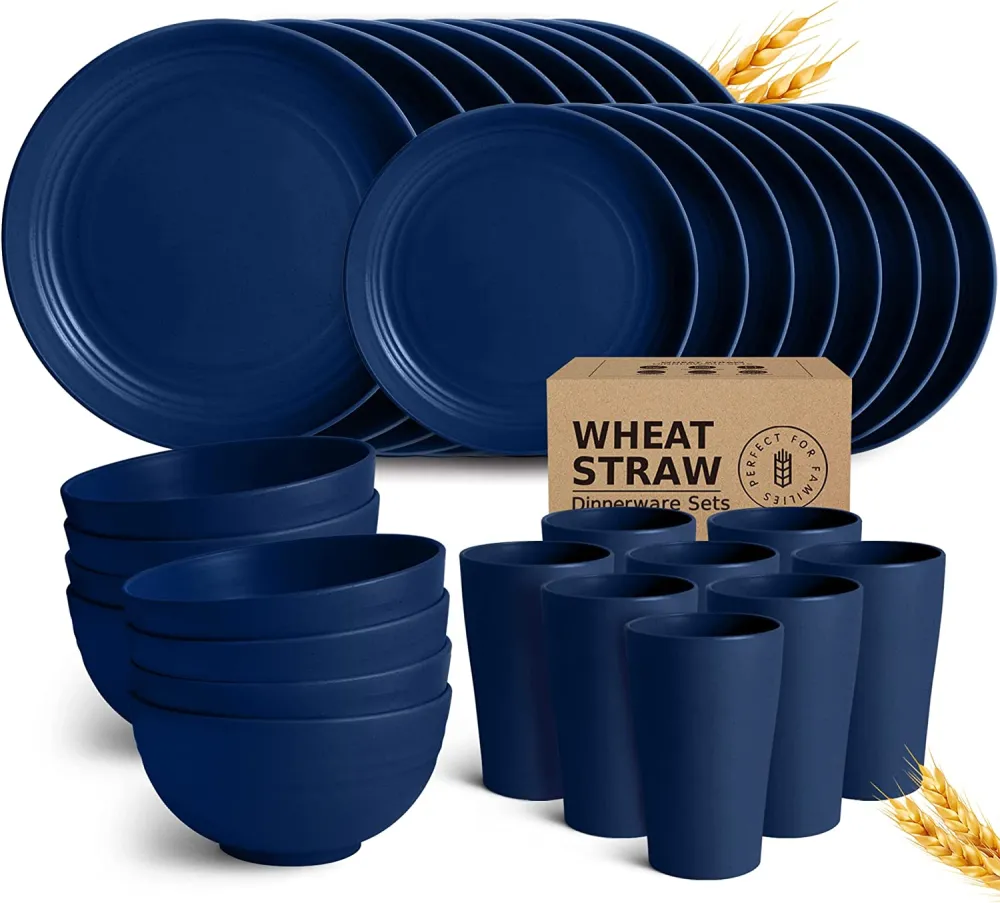 32-Piece Kitchen Wheat Straw Dinnerware Set, Service for 8, Dinner Plates, Dessert Plate, Cereal Bowls, Cups, Unbreakable Plastic Outdoor Camping Dishes, Black