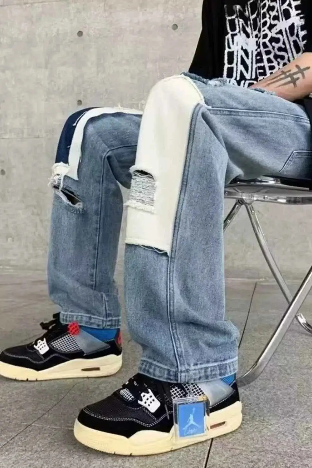 Ripped Patchwork Wide Leg Jeans