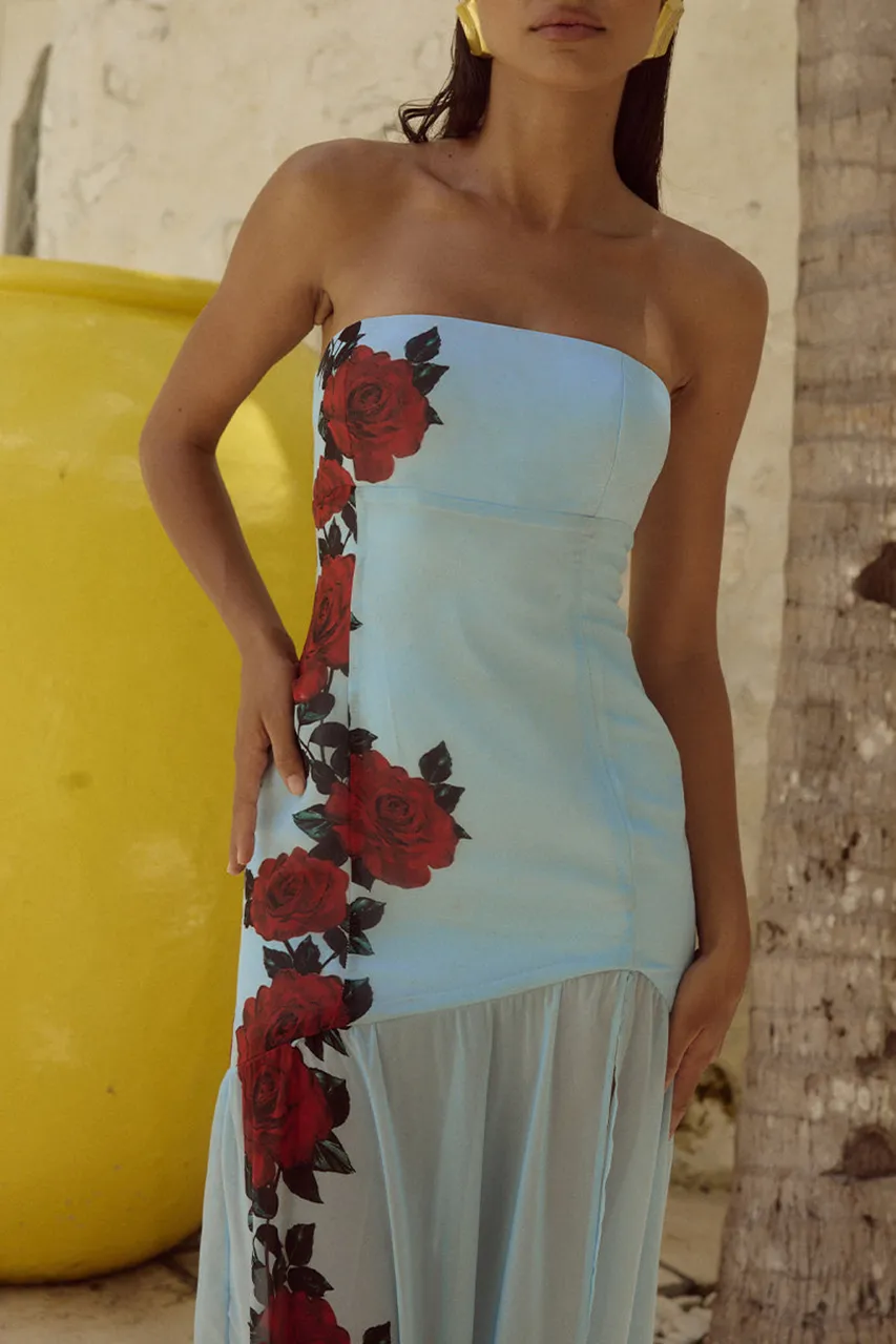 Red Rose Print Slit Maxi Dress