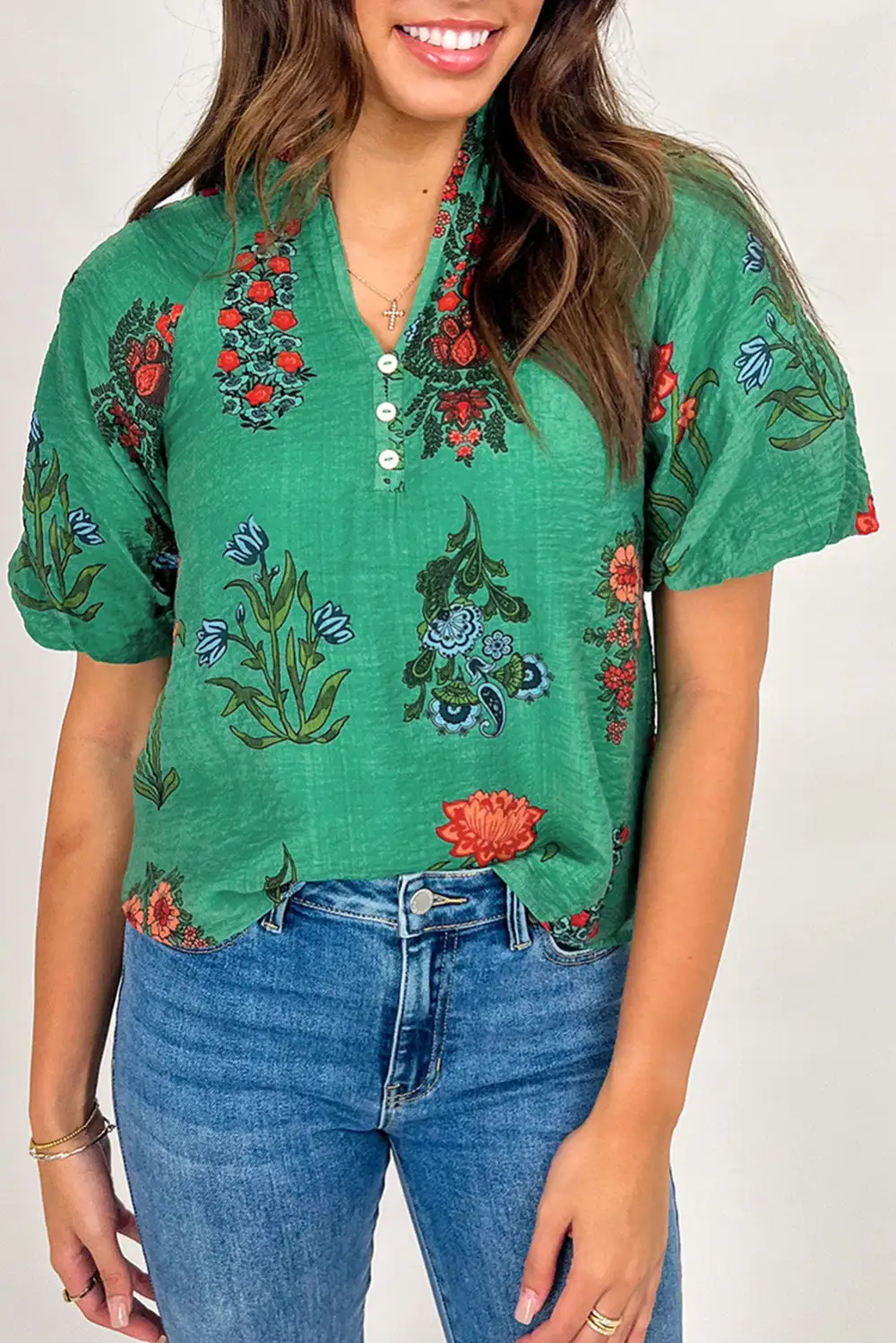 Floral Short Sleeve Button Front Blouse