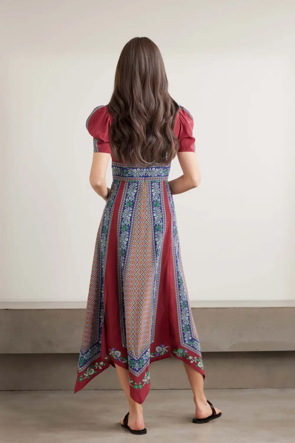 Retro Print Asymmetrical Hem Midi Dress