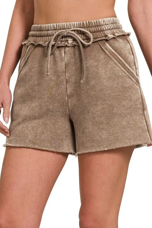 Acid Washed Drawstring Shorts in Mocha