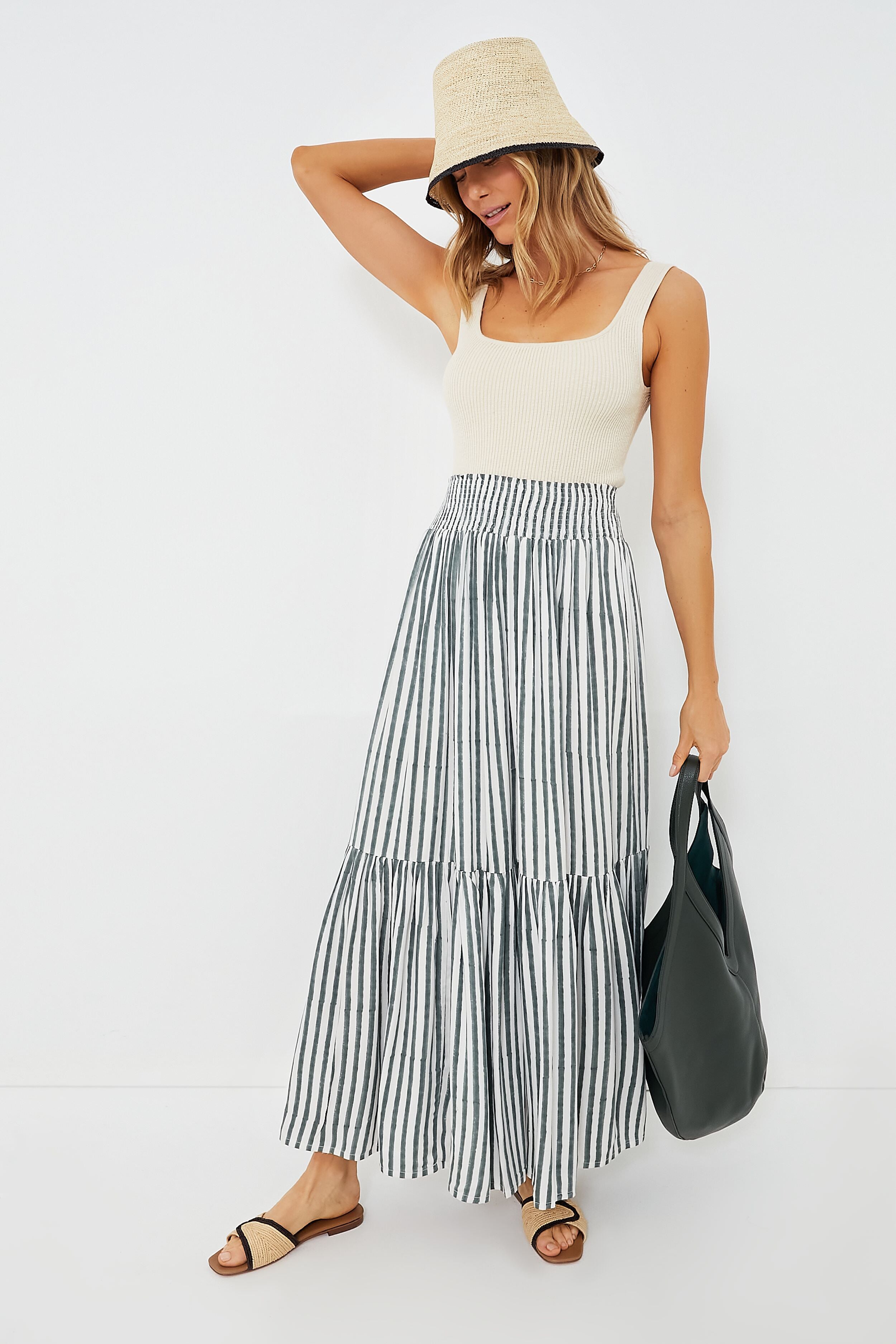 Moss Stripe Shirred Skirt