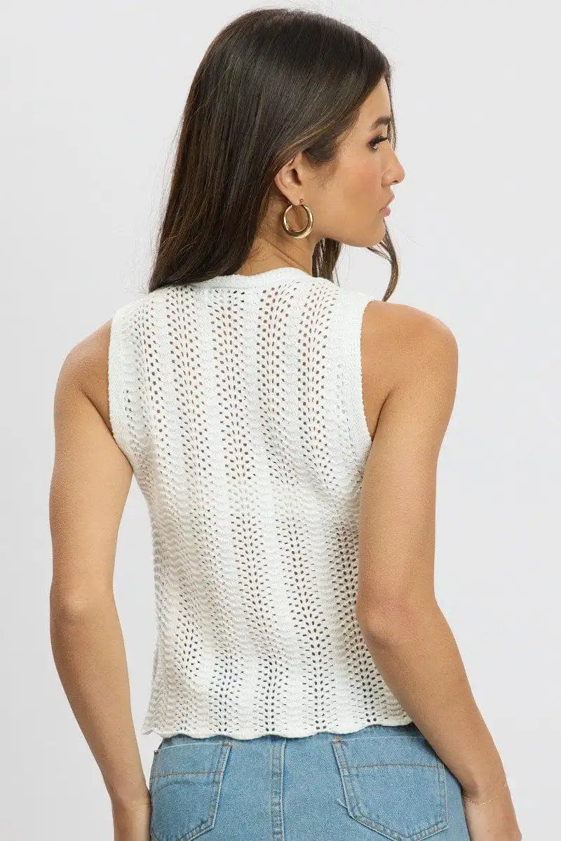 White Crochet Knit Vest V Neck