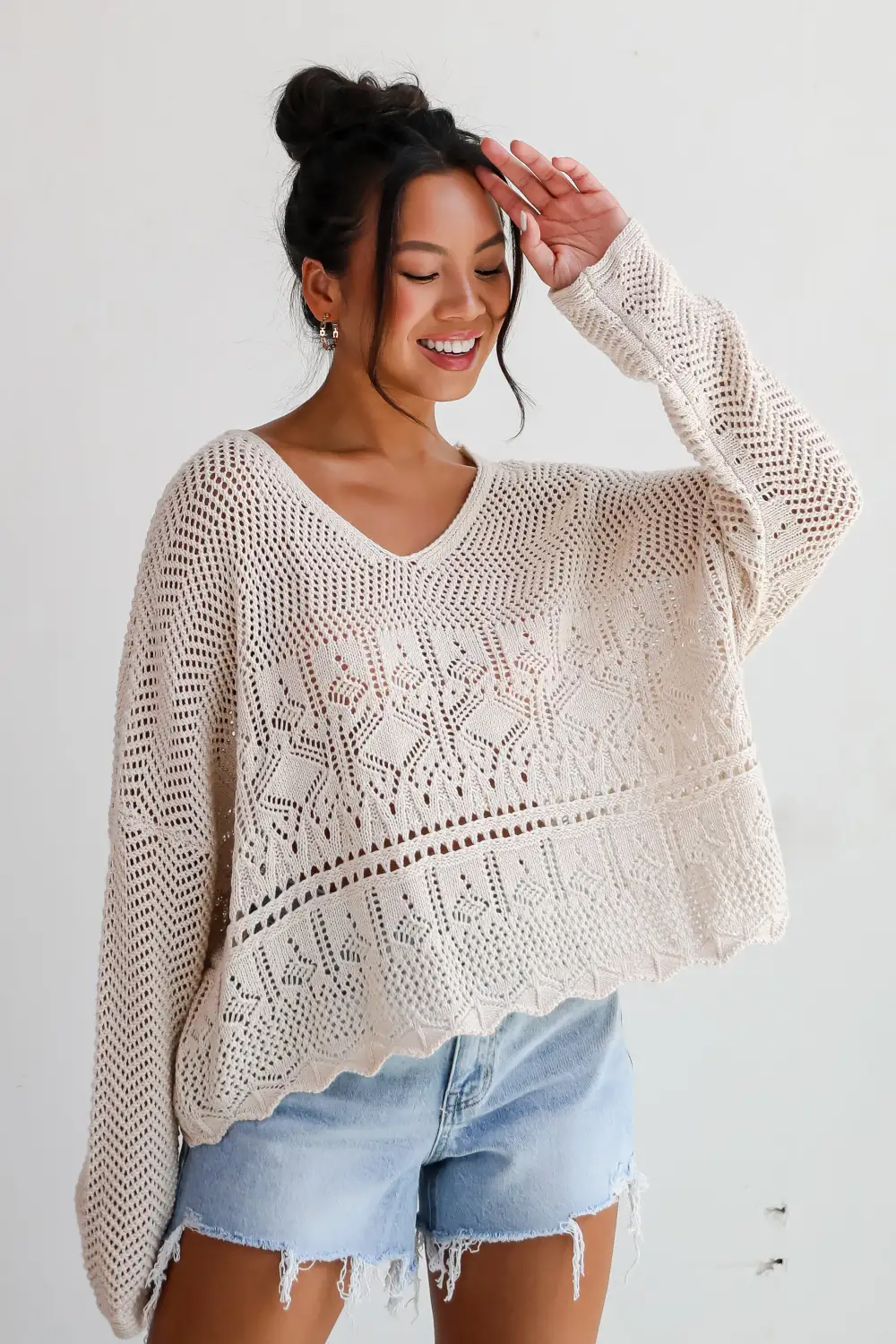 Laidback Moments Natural Crochet Knit Top