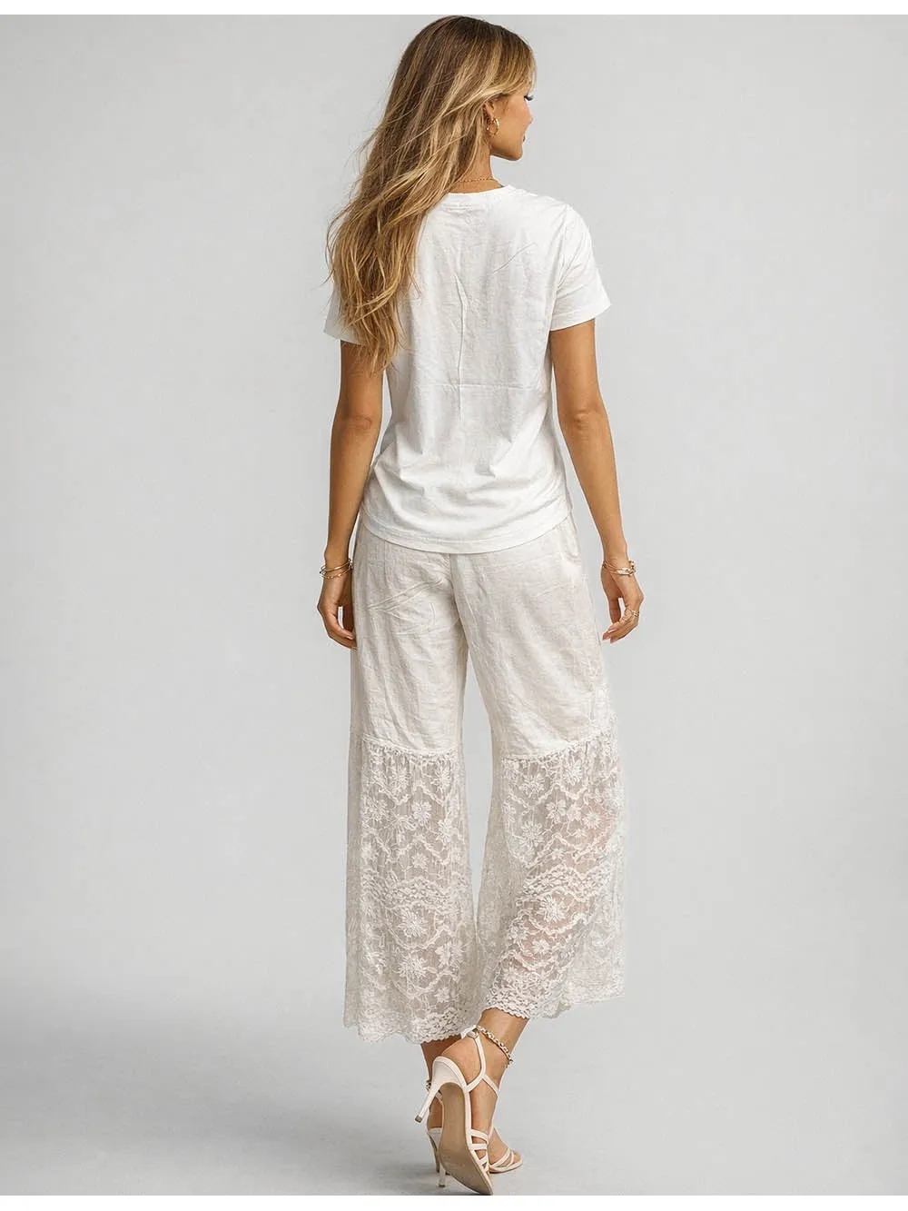 Elastic Waist Lace Panel Wide Leg Pants