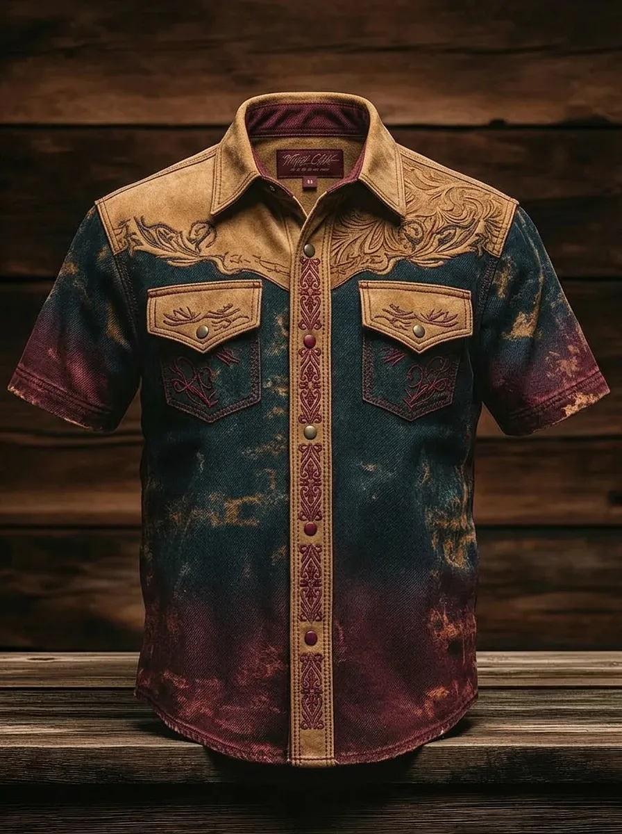 Men's Western Cowboy Floral Embossed Printed Shirt