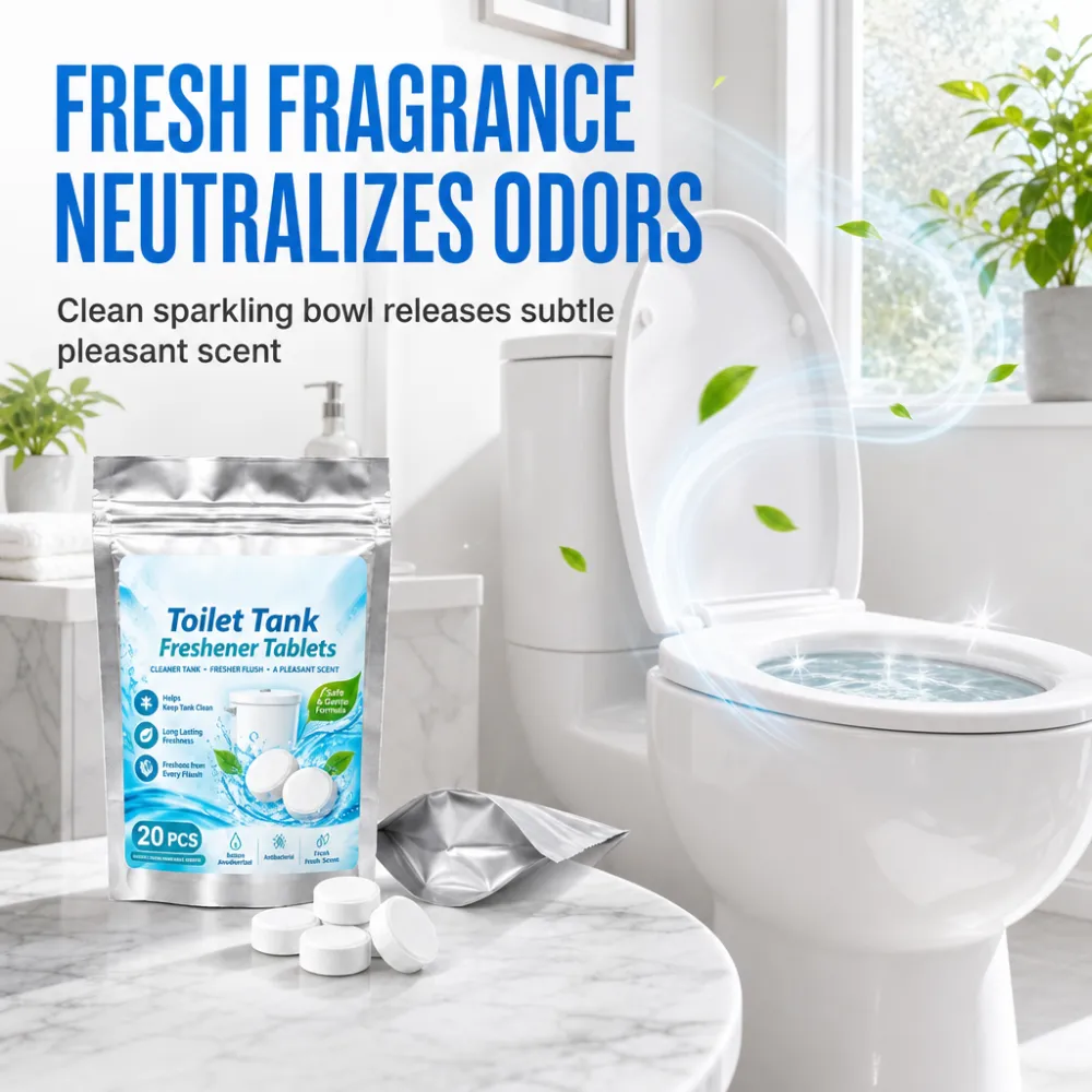 20 Pack Toilet Tank Freshener Tablets – effervescent action fights odor, slow release cleans constantly. Gentle on plumbing! 🧼
