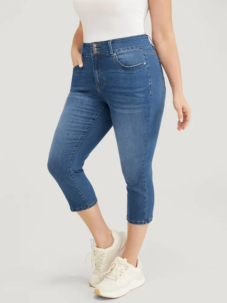 Very Stretchy High Rise Medium Wash Cropped Jeans