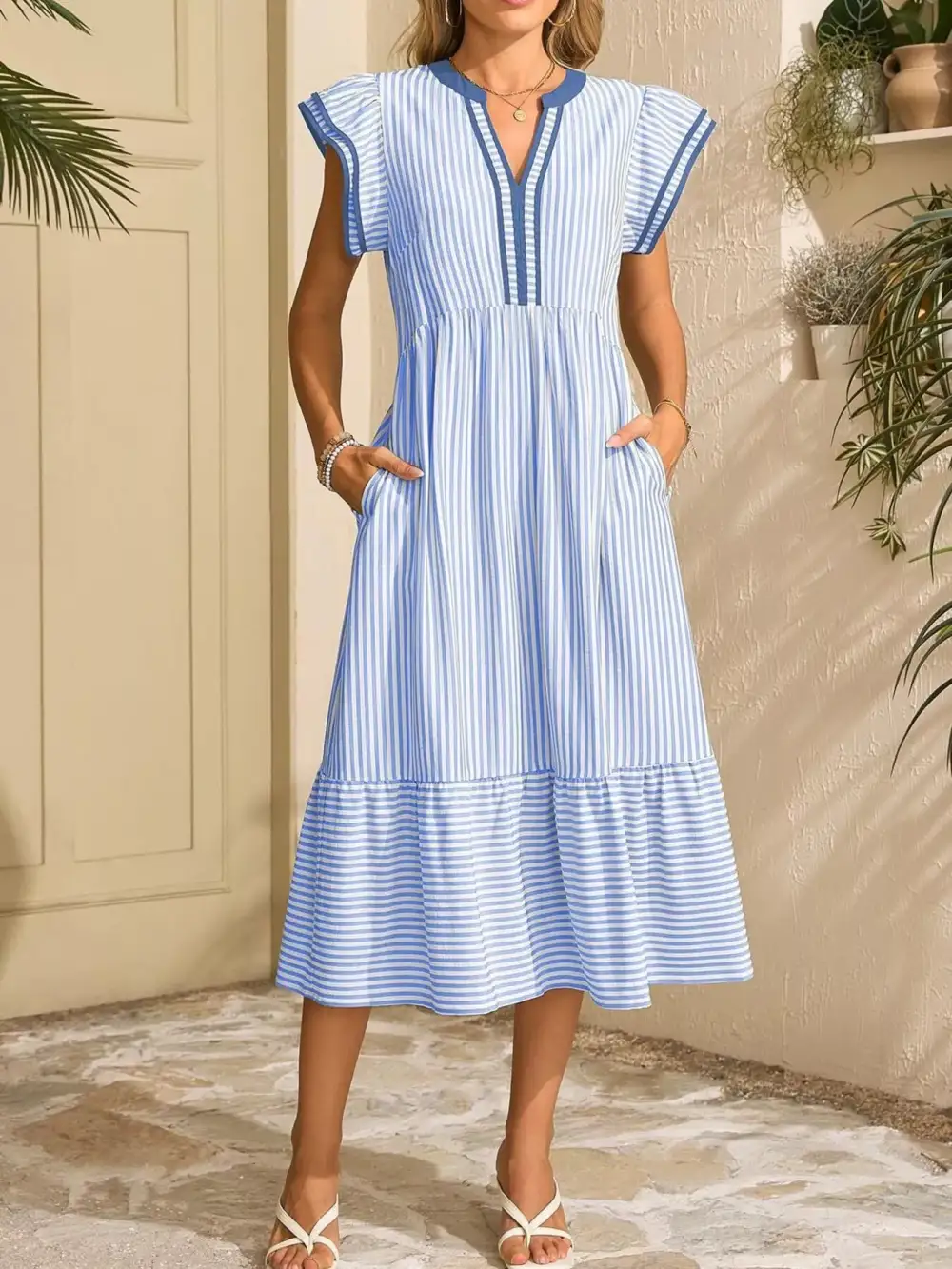 Striped Ruffle Dress Casual
