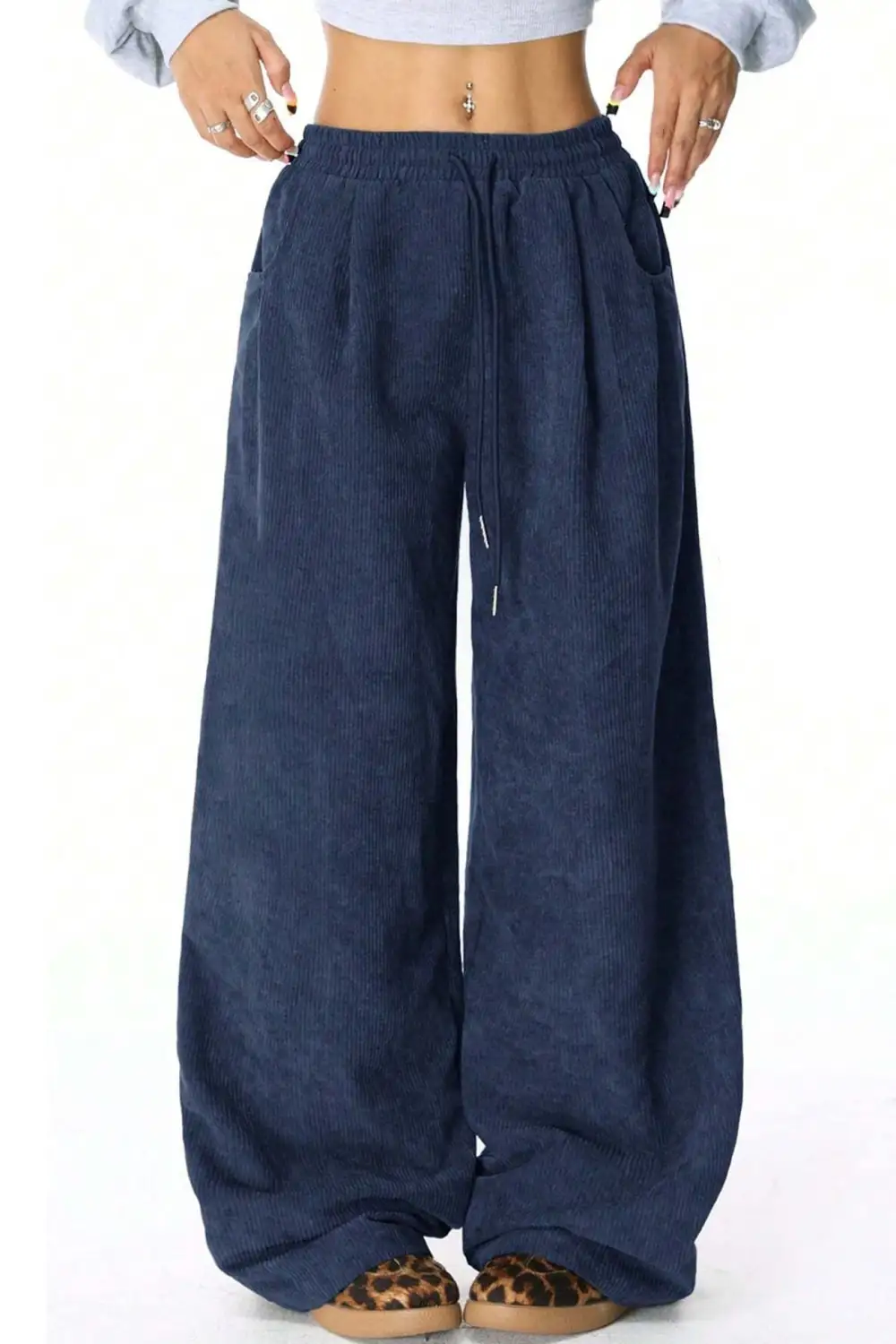 Drawstring Flannel Wide Leg Pants