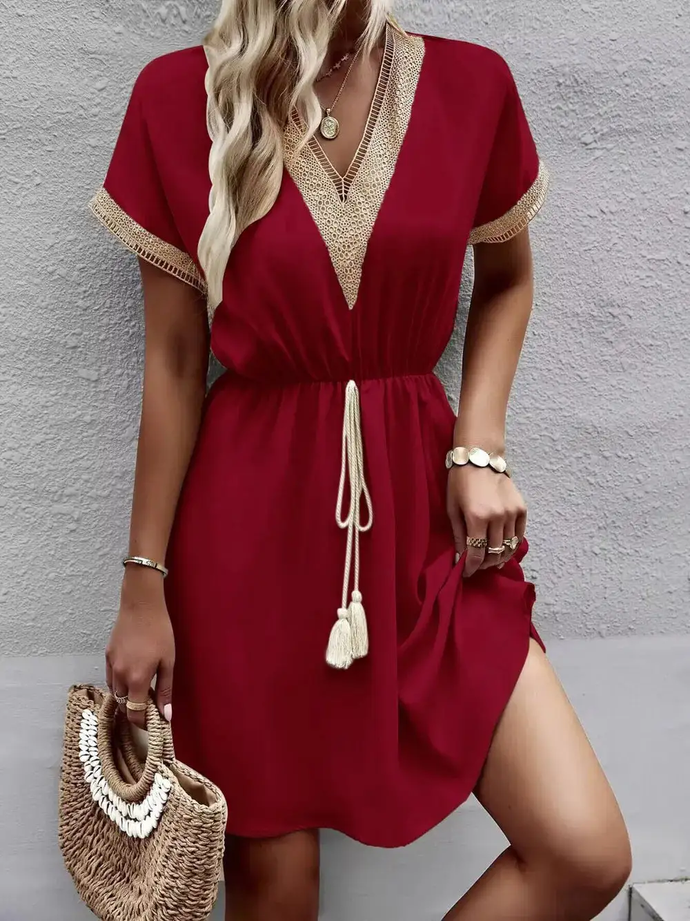 Contrast Trim V Neck Short Sleeve Mini Dress