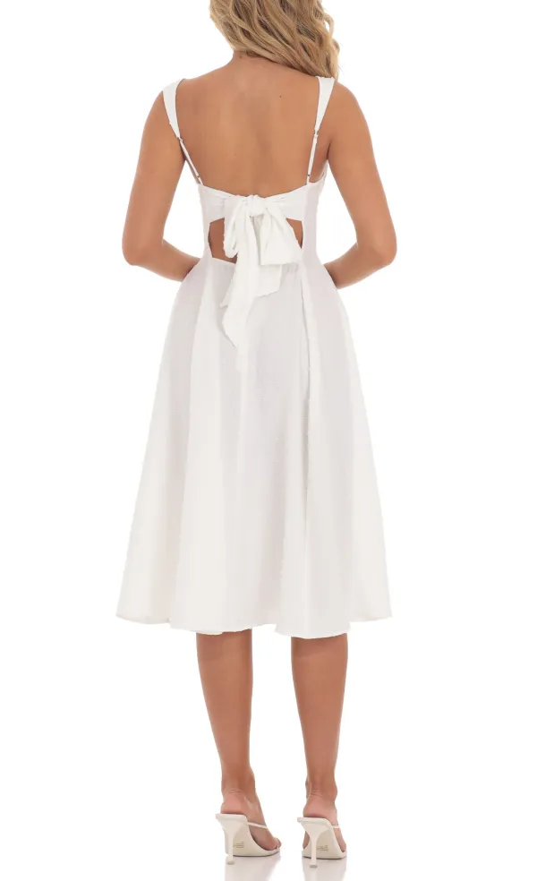 Dotted Square Neck Flare Midi Dress In White