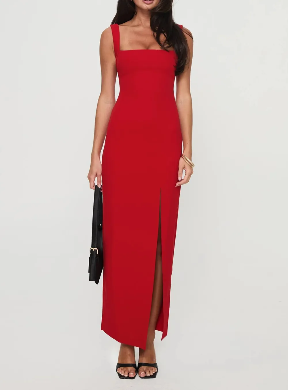 Black Square Neck Side Split Maxi Dress