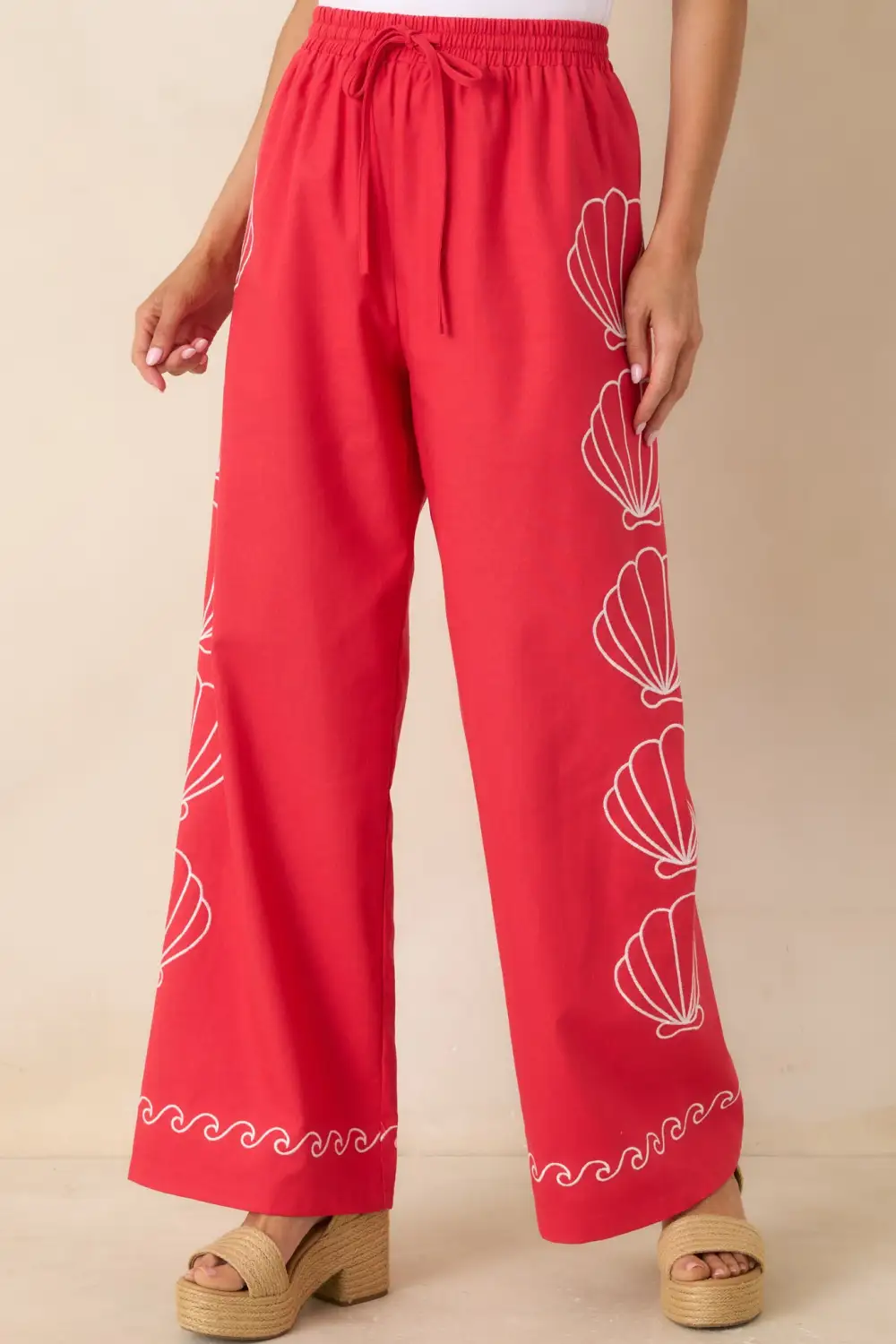 Shell Embroidered Cotton Blend Wide Leg Pants