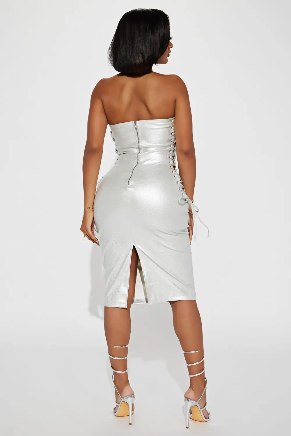 No Crocodile Tears Lace Up Midi Dress - Silver