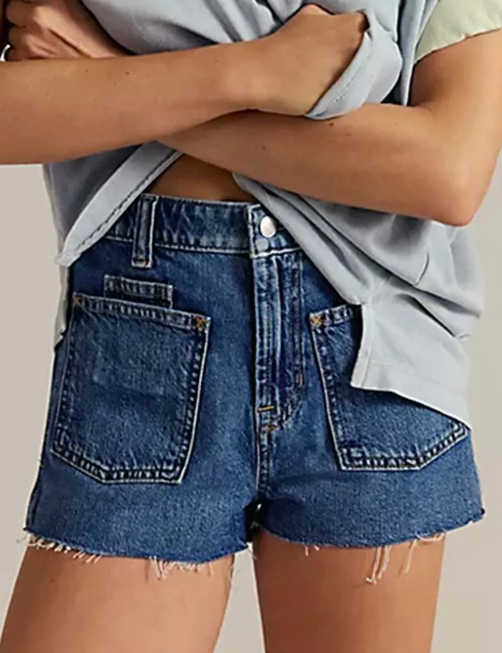 Pocket Hot Shorts Button Raw Edge Denim Shorts