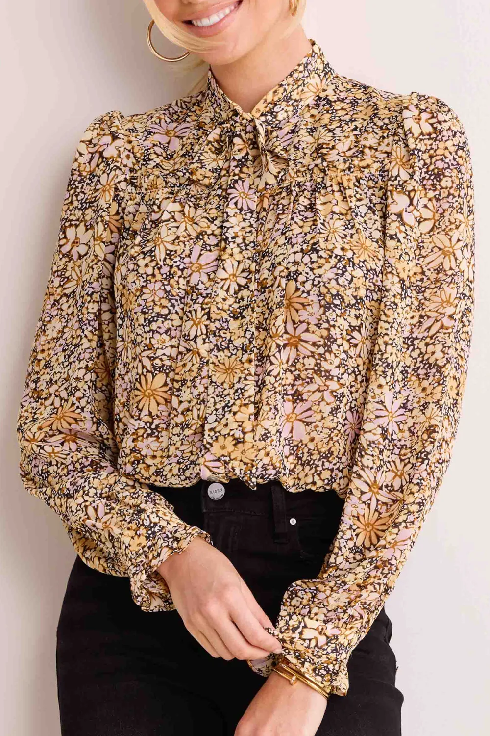 Neutral Floral Print Stand Collar Long Sleeve Blouse