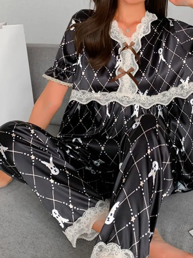 Heart Abstract Print Lace Elegant Romantic Silk Pajama Set