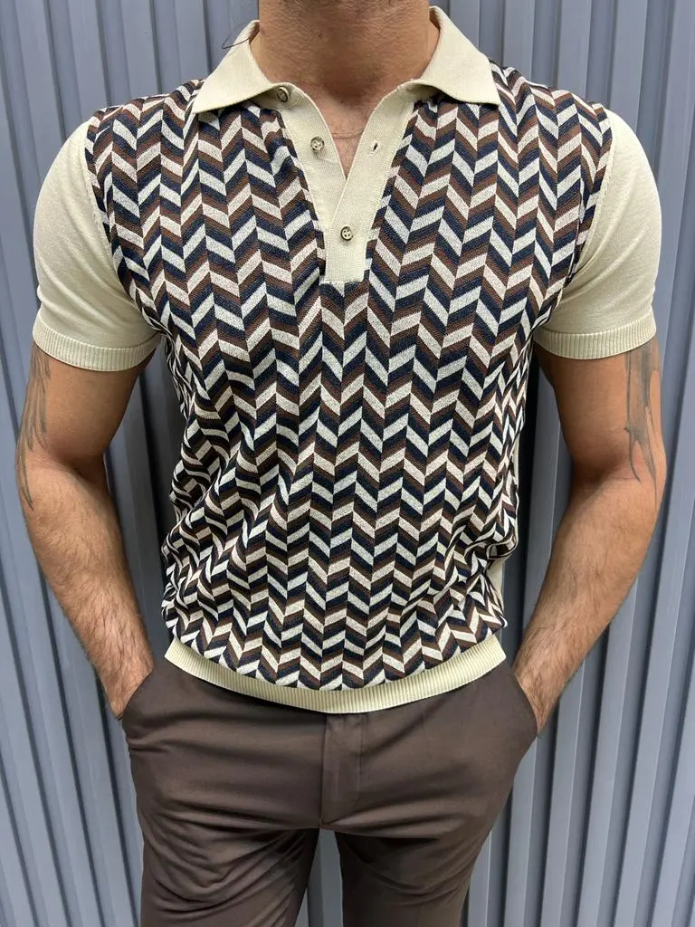 Patterned Knit T-shirt- Beige