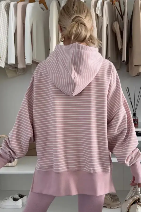 Everyday Relaxed Striped Drop Shoulder Side Slit Hoodie