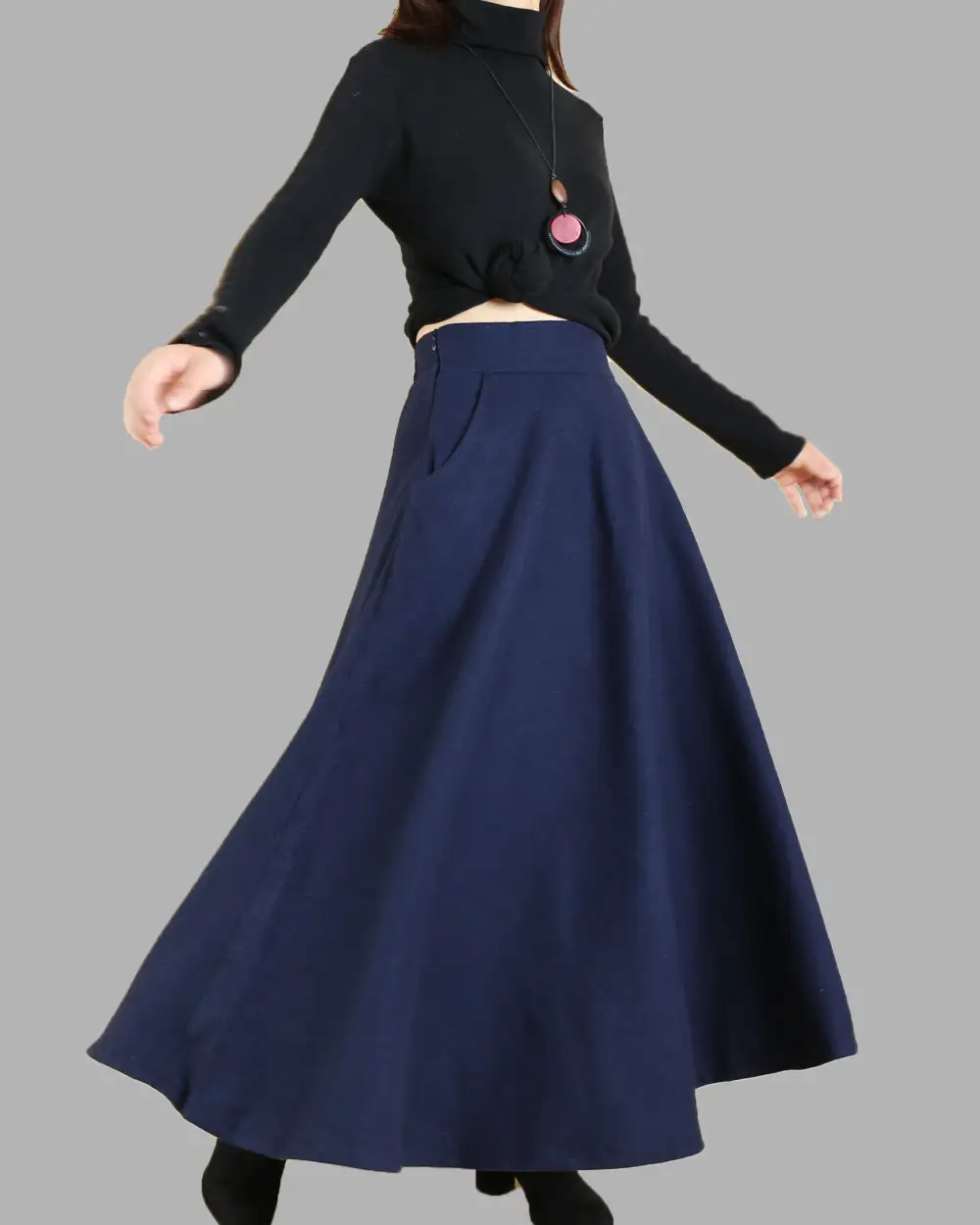 Relaxed Pocketed Wool Flared Maxi Skirt