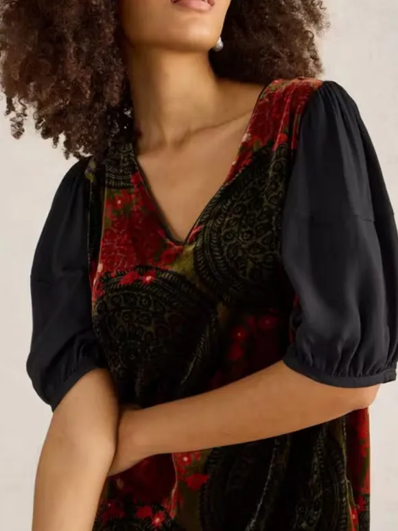 Velvet Mix Dress In Green Print