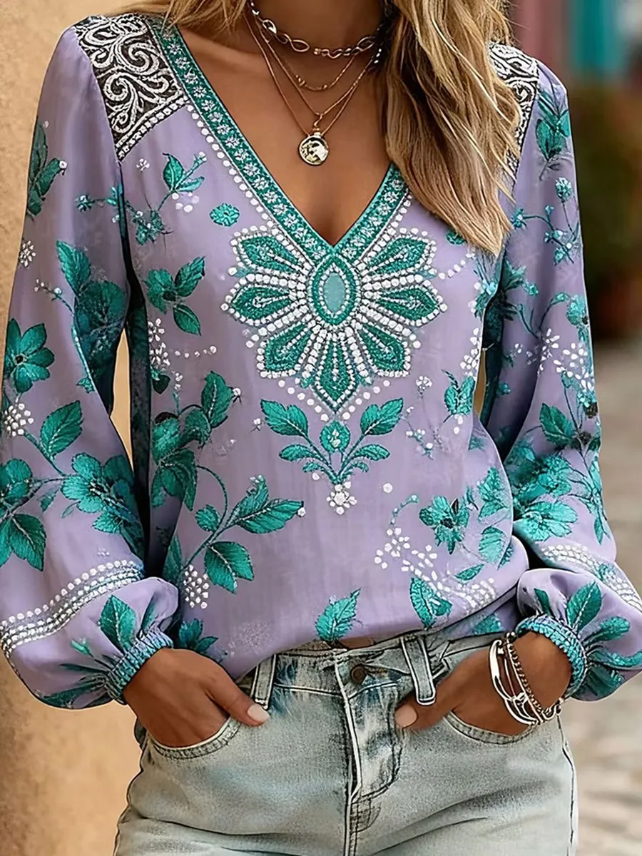 Women'S Western Retro Printed Casual Ruffled Shirt