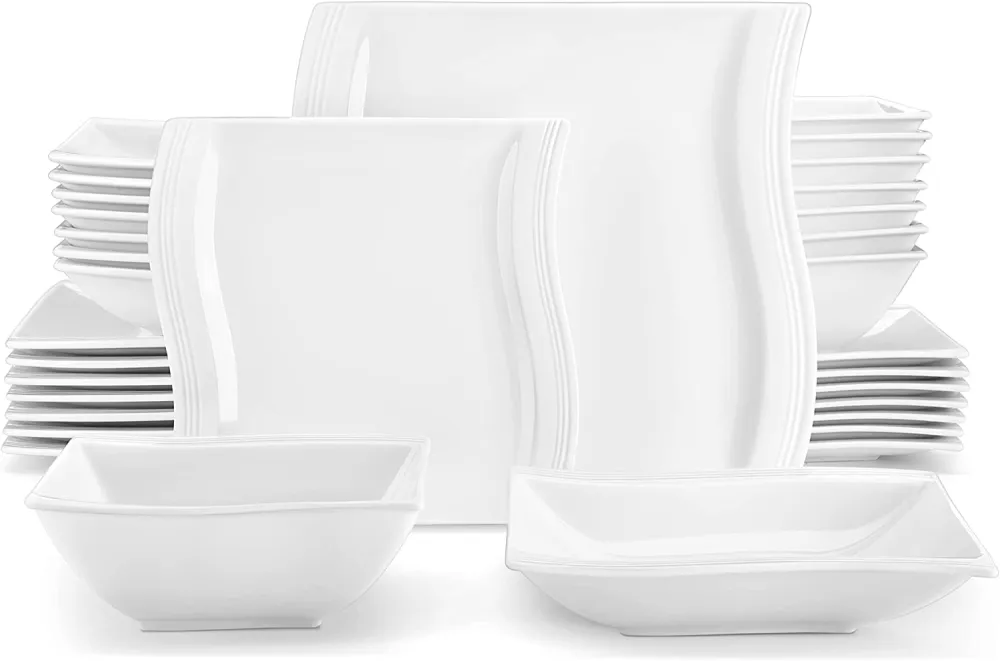 MALACASA Ivory White Dinnerware Sets, 60-Piece Square Dish Set for 12, Porcelain Dishes with Dinner Plates, Dessert Plates and Soup Plates, Cups and Saucers, Modern Dinnerware Oven Safe, Series Flora