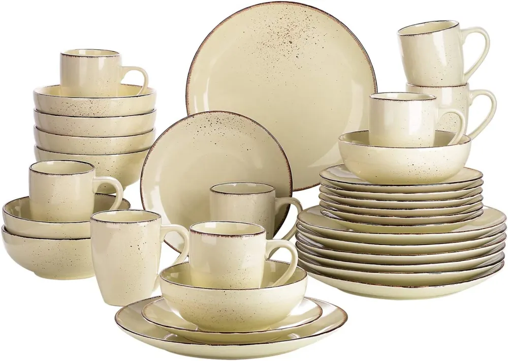 vancasso Navia Ceramic Dinnerware Set, 48 pieces Set of 12 Stoneware Spray Spot Patterned Service Dish with Dinner Plates, Salad Plates, Bowls, Mugs - Grey