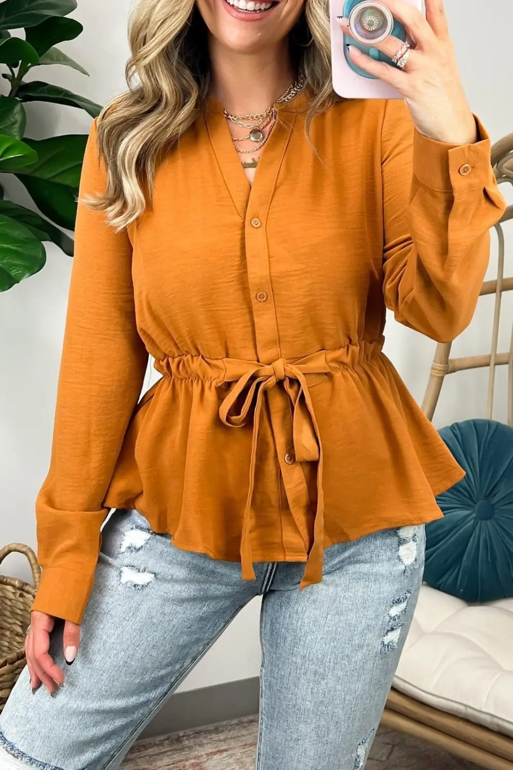 Long Sleeve Tie Waist Button Down Top