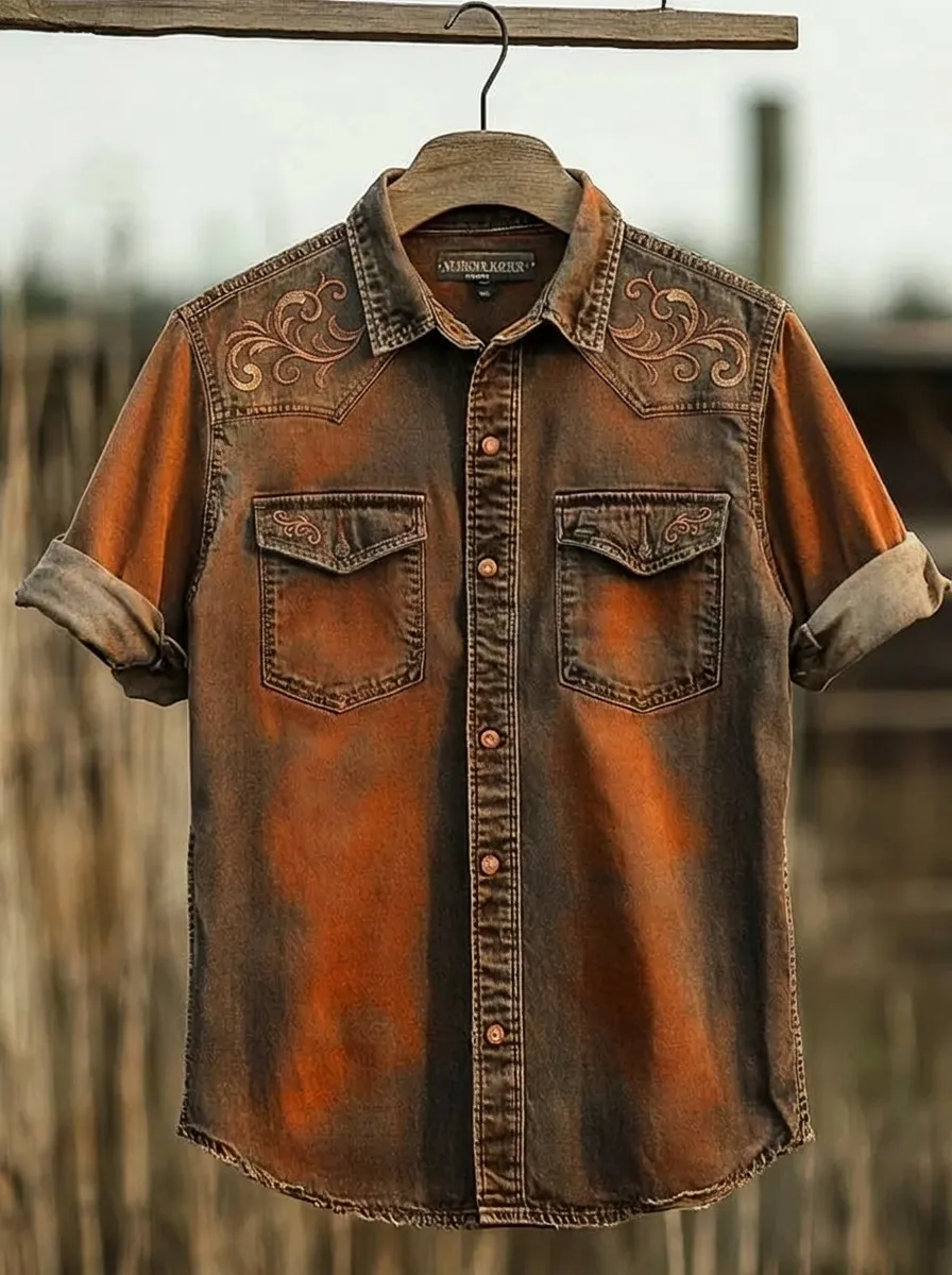 Men's Western Style Floral Embroidery Washed Denim Printed Shirt