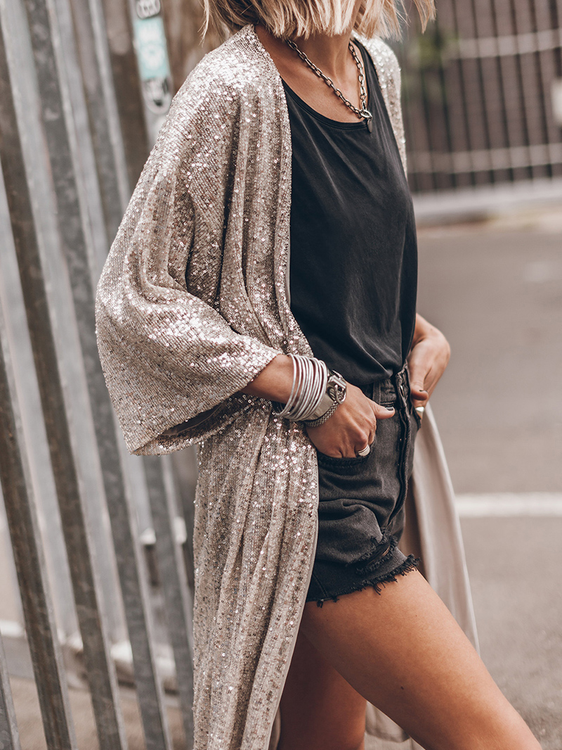 Sequin 3/4 Sleeve Open Front Duster Kimono