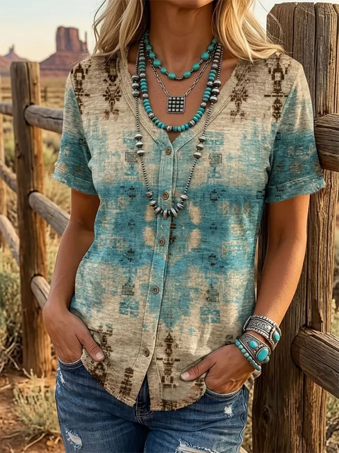 Vintage Printed Casual Cotton And Linen Shirt