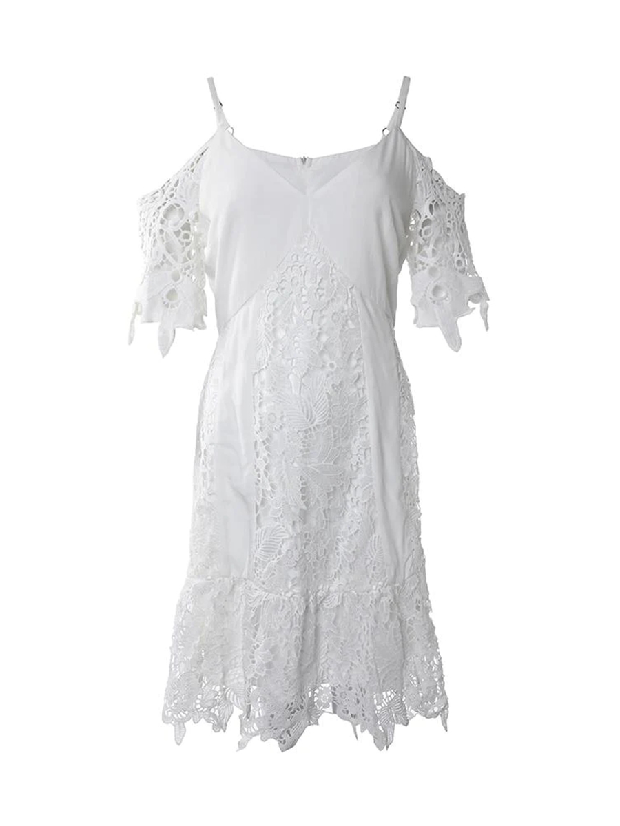 Women's Solid Color Off Shoulder Raised Flower Lace Dress