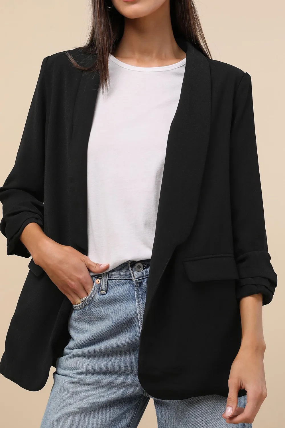 Casual Style Three-Quarter Sleeve Ruched Blazer