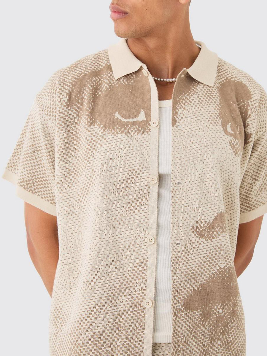 BOXY FACE JACQUARD KNITTED SHIRT AND SHORT SET