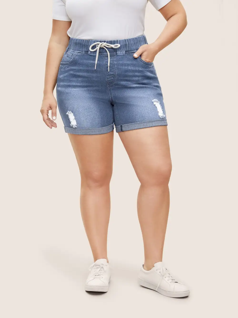 Distressed Drawstring Roll Hem Denim Shorts