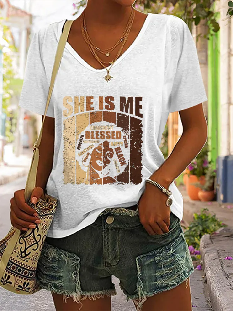 Women's She Is Me Confident Blessed Black V-Neck Short-Sleeved T-Shirt