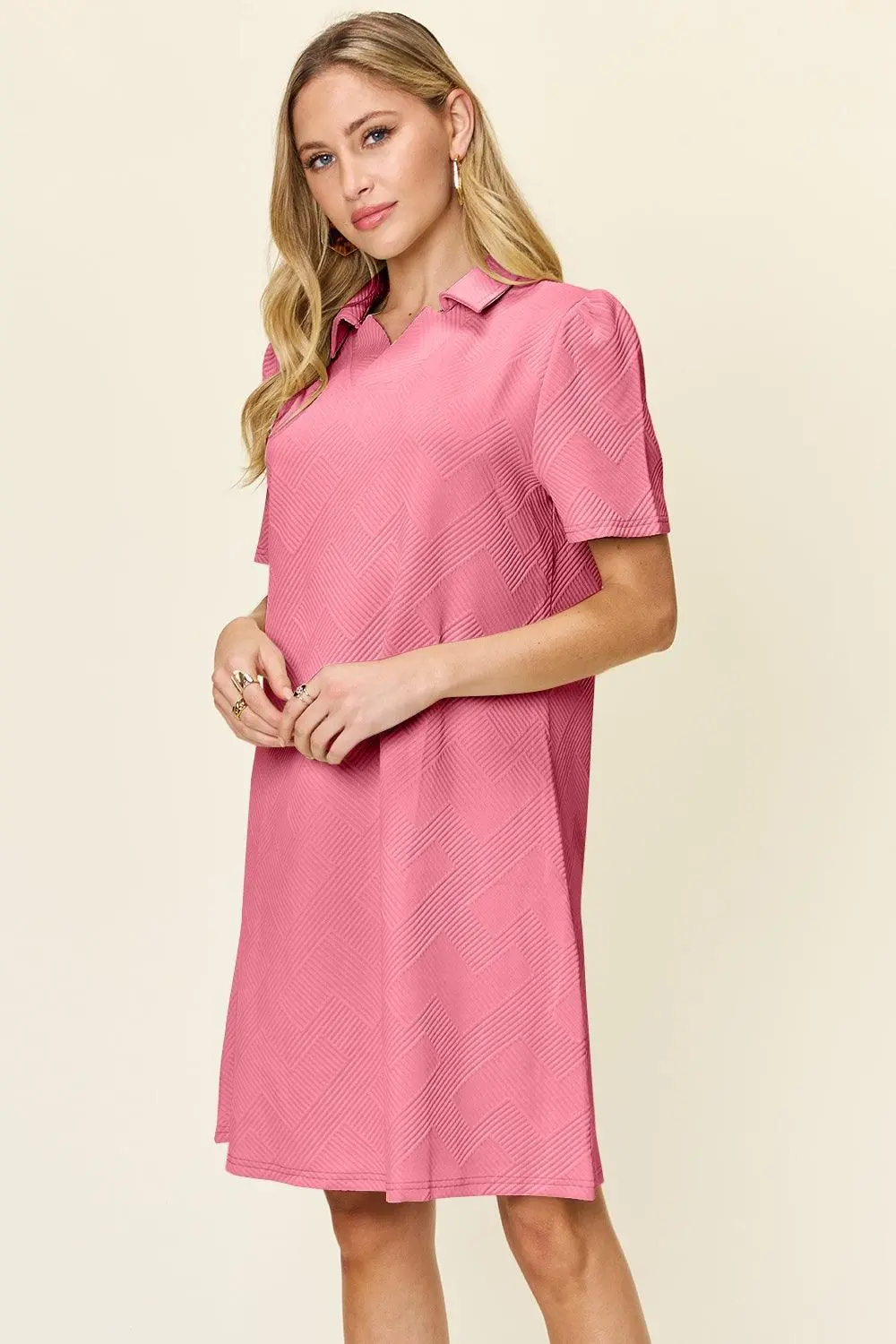 Double Take Full Size Texture Collared Neck Short Sleeve Dress