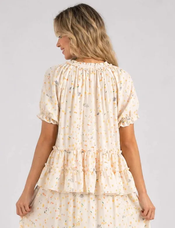 Ruffle Hem Neck Short Sleeves Babydoll Blouse